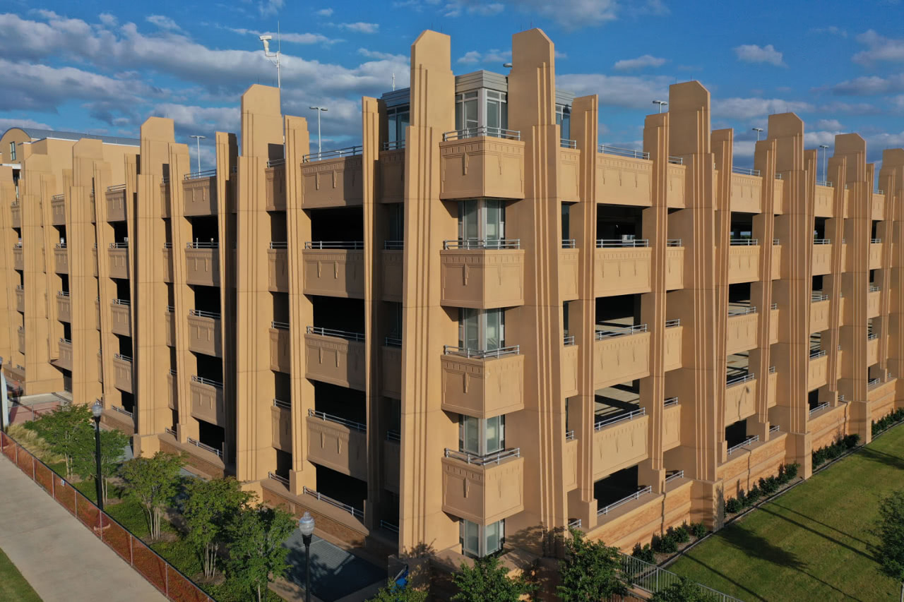 An art deco style parking garage